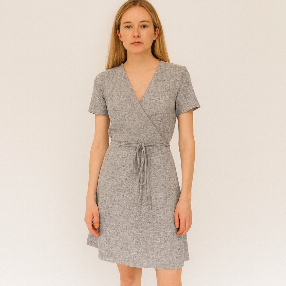 Zara Gray Ribbed Knit Wrap Dress Short Sleeve V Neck Tie Waist Mini Dress M